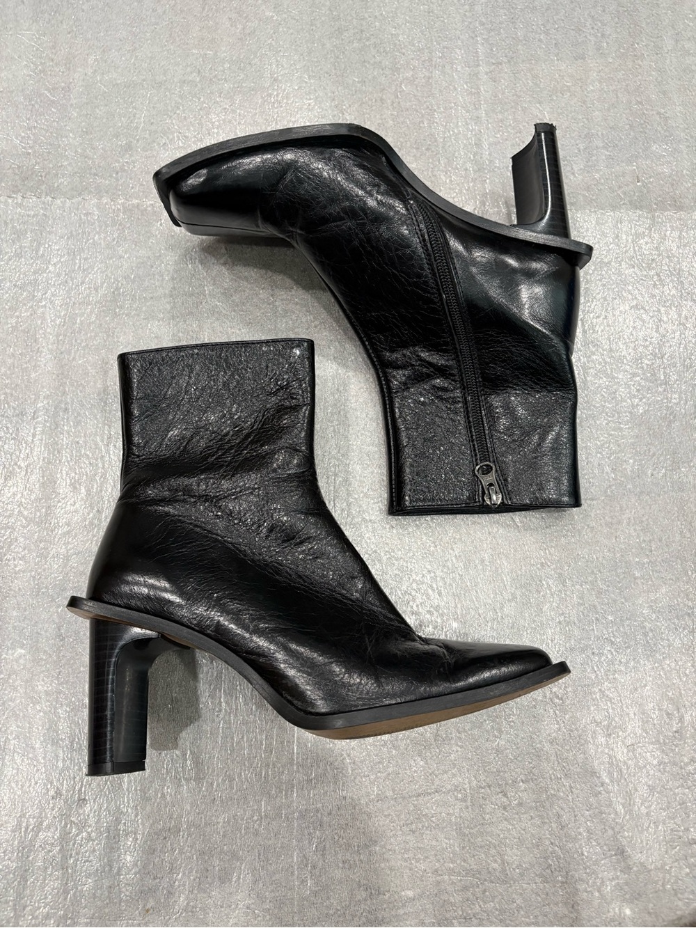 L’Interville Black All Leather Square-Toe Stiletto Ankle Boots Edge out - Picture 2 of 8